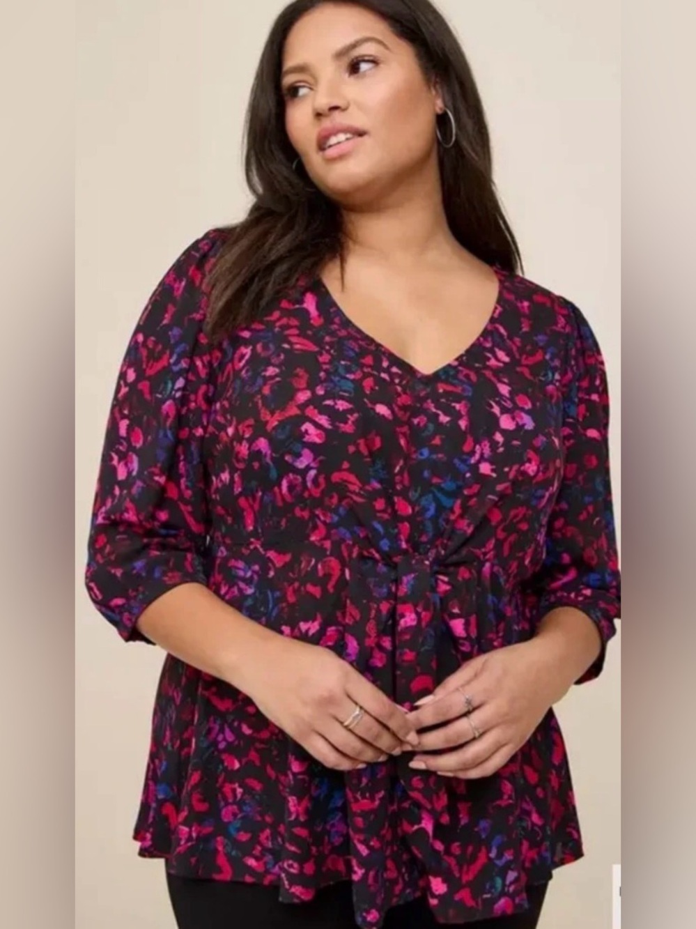 Torrid, 2X, georgette tie-front blouse featuring a vibrant pink and blue leopard